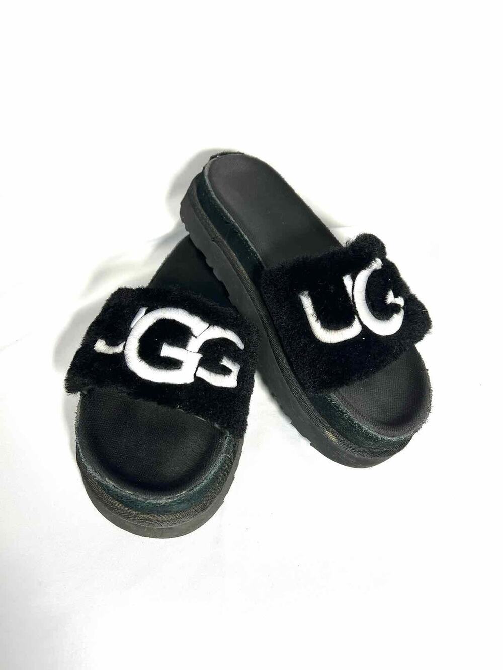 UGG Size 5 Black/White Embroidered Fur Shoes Sandals